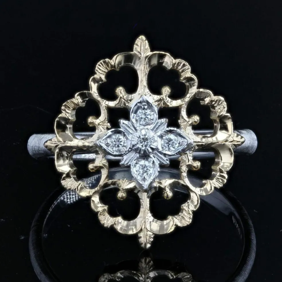 Bague diamants ors jaune et blanc arabesques grand modèle