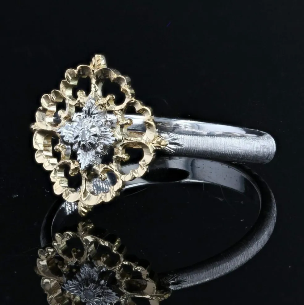 Bague diamants ors jaune et blanc arabesques petit modèle