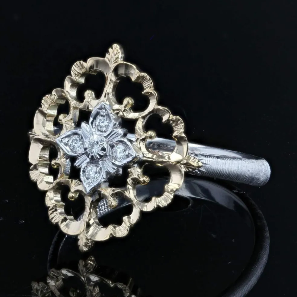 Bague diamants ors jaune et blanc arabesques grand modèle