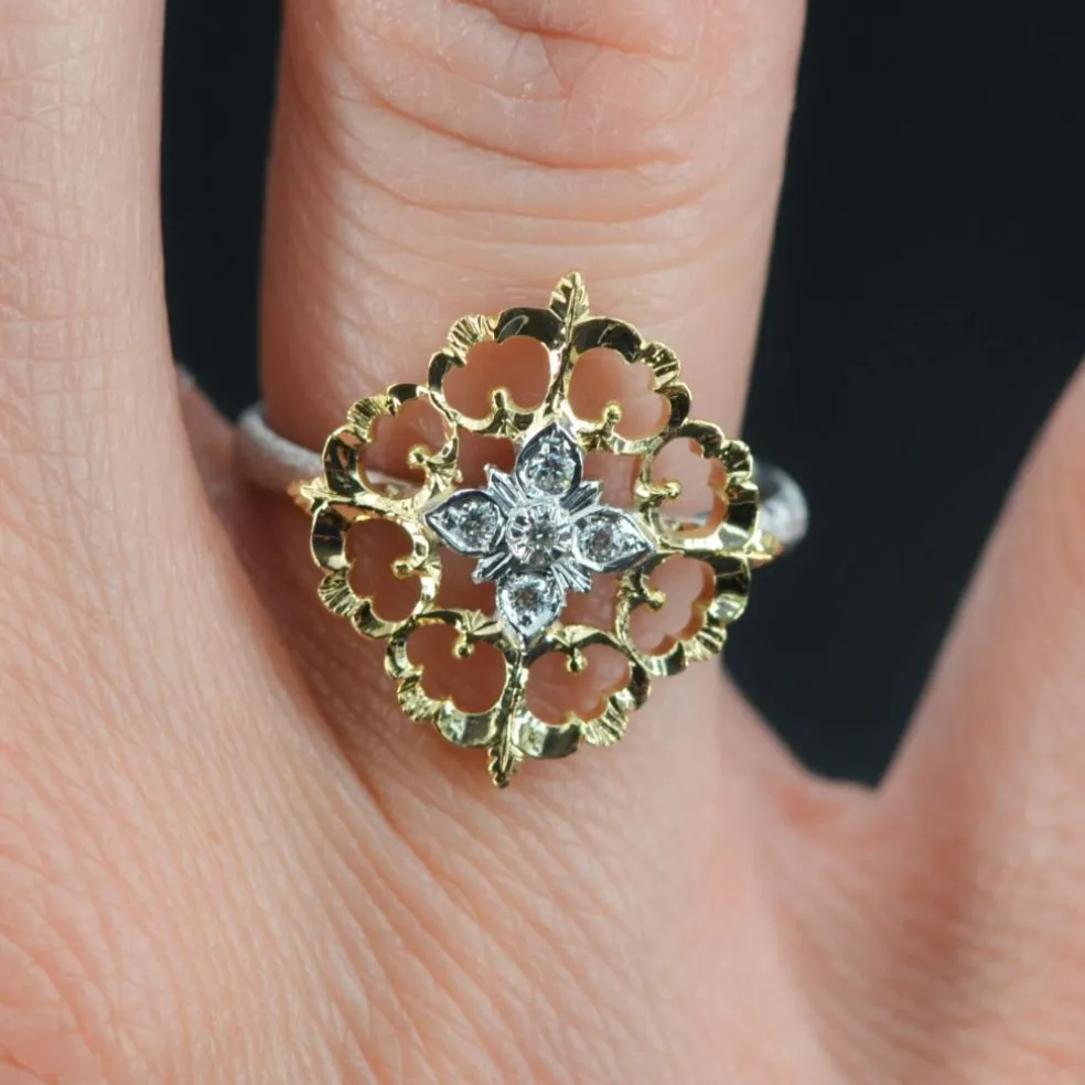 Bague diamants ors jaune et blanc arabesques grand modèle