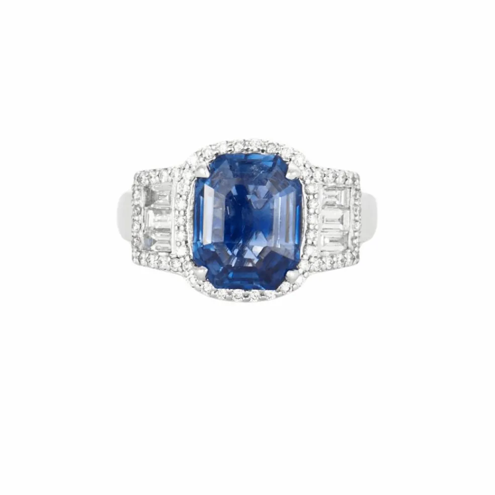 Bague d'inspiration Art Déco or blanc, saphir de Ceylan