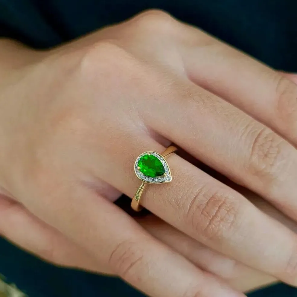 Bague diopside poire diamants or jaune