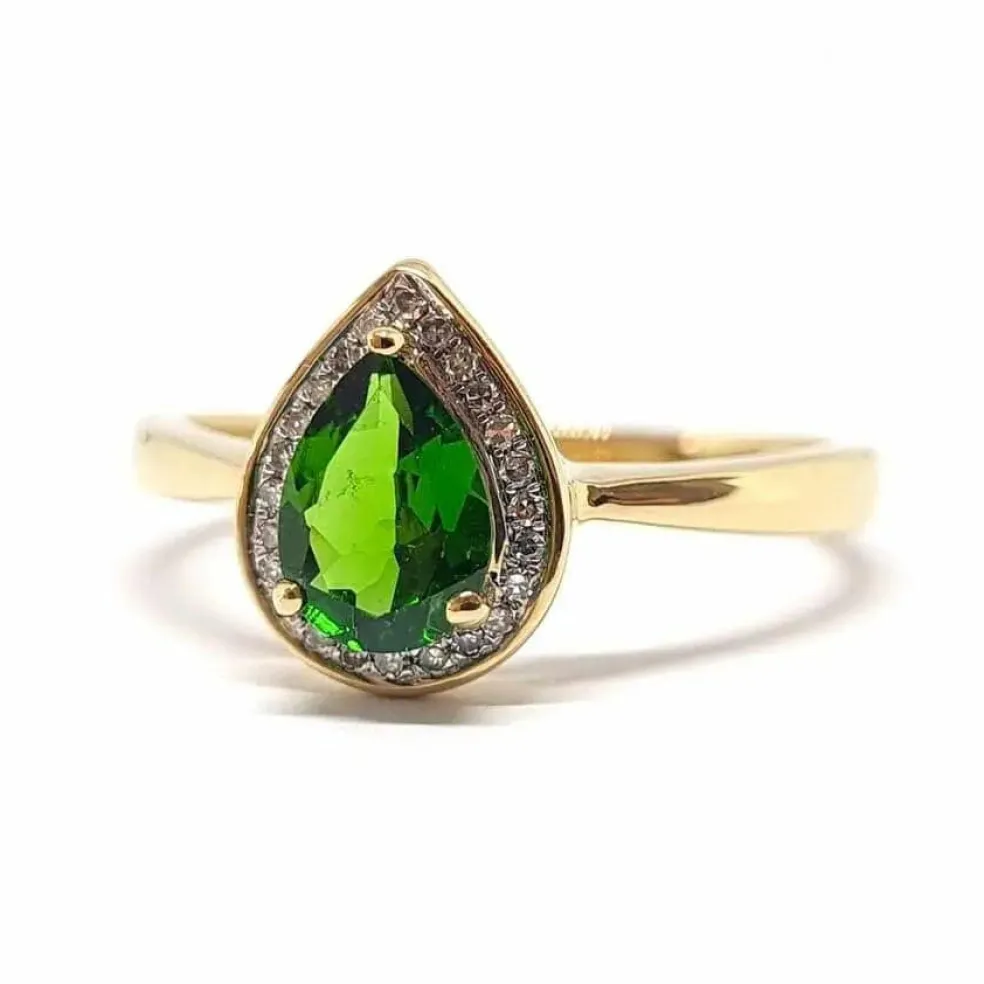 Bague diopside poire diamants or jaune