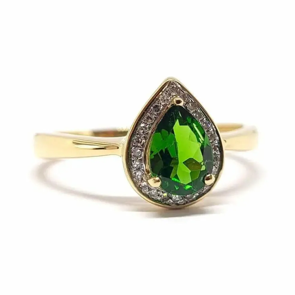 Bague diopside poire diamants or jaune