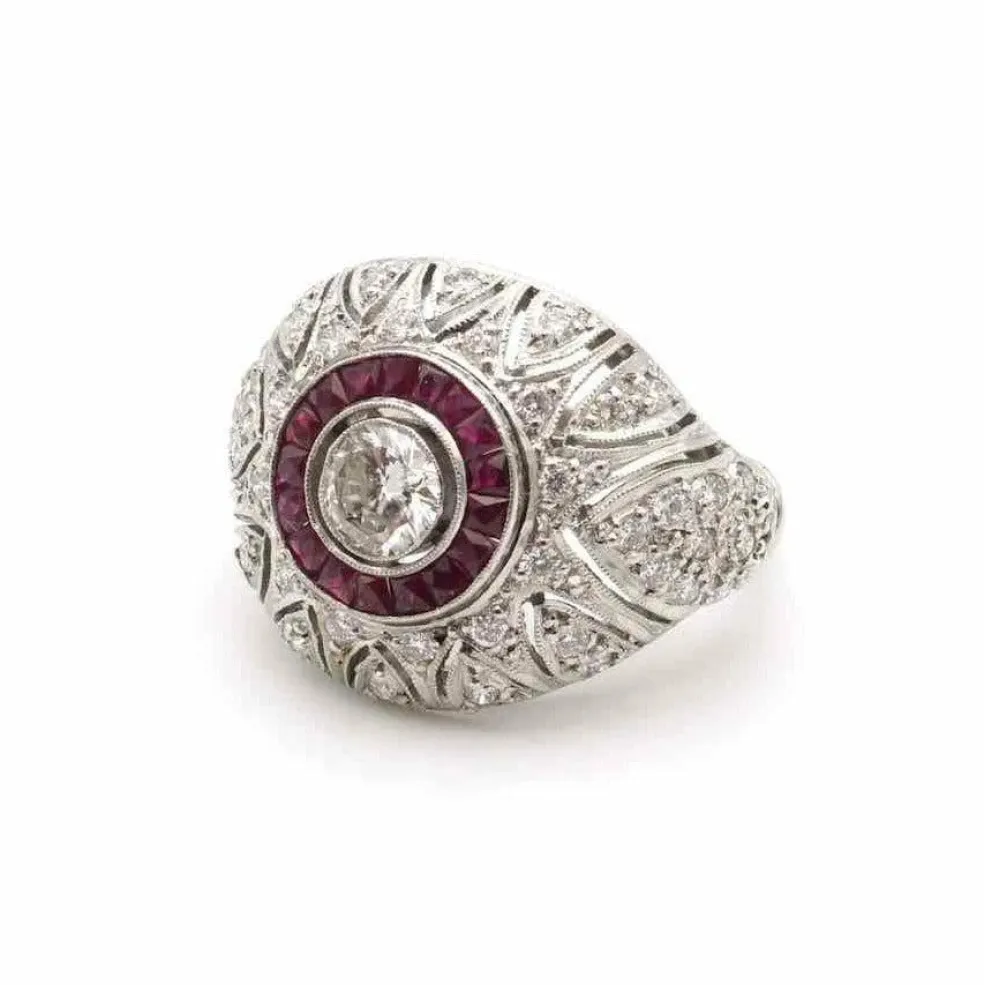Bague Dôme Art Déco Diamants Rubis Platine