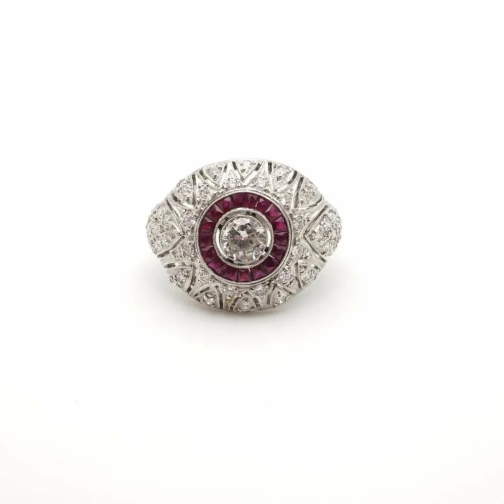 Bague Dôme Art Déco Diamants Rubis Platine