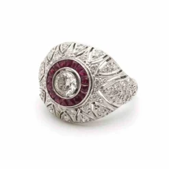 Bague Dôme Art Déco Diamants Rubis Platine