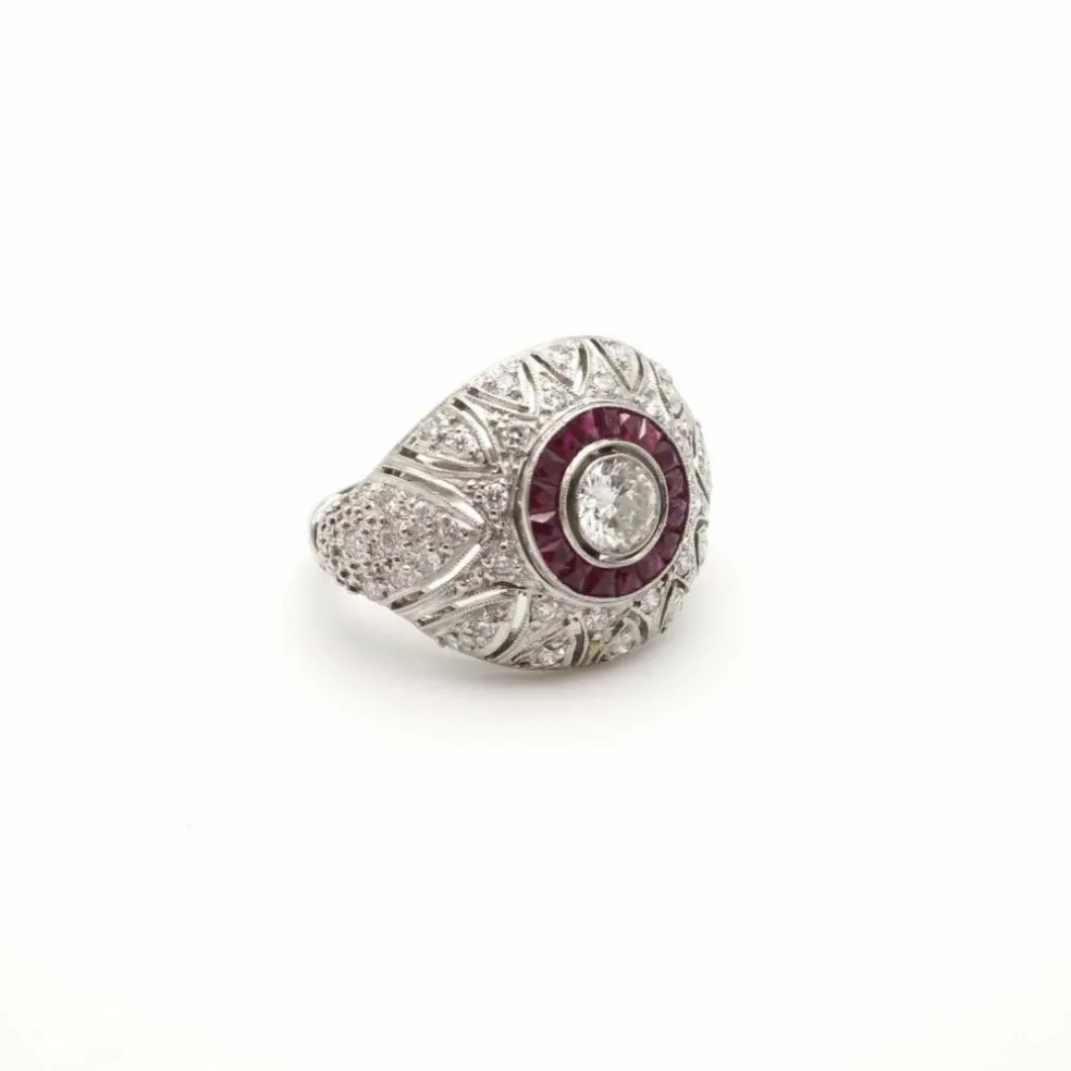 Bague Dôme Art Déco Diamants Rubis Platine