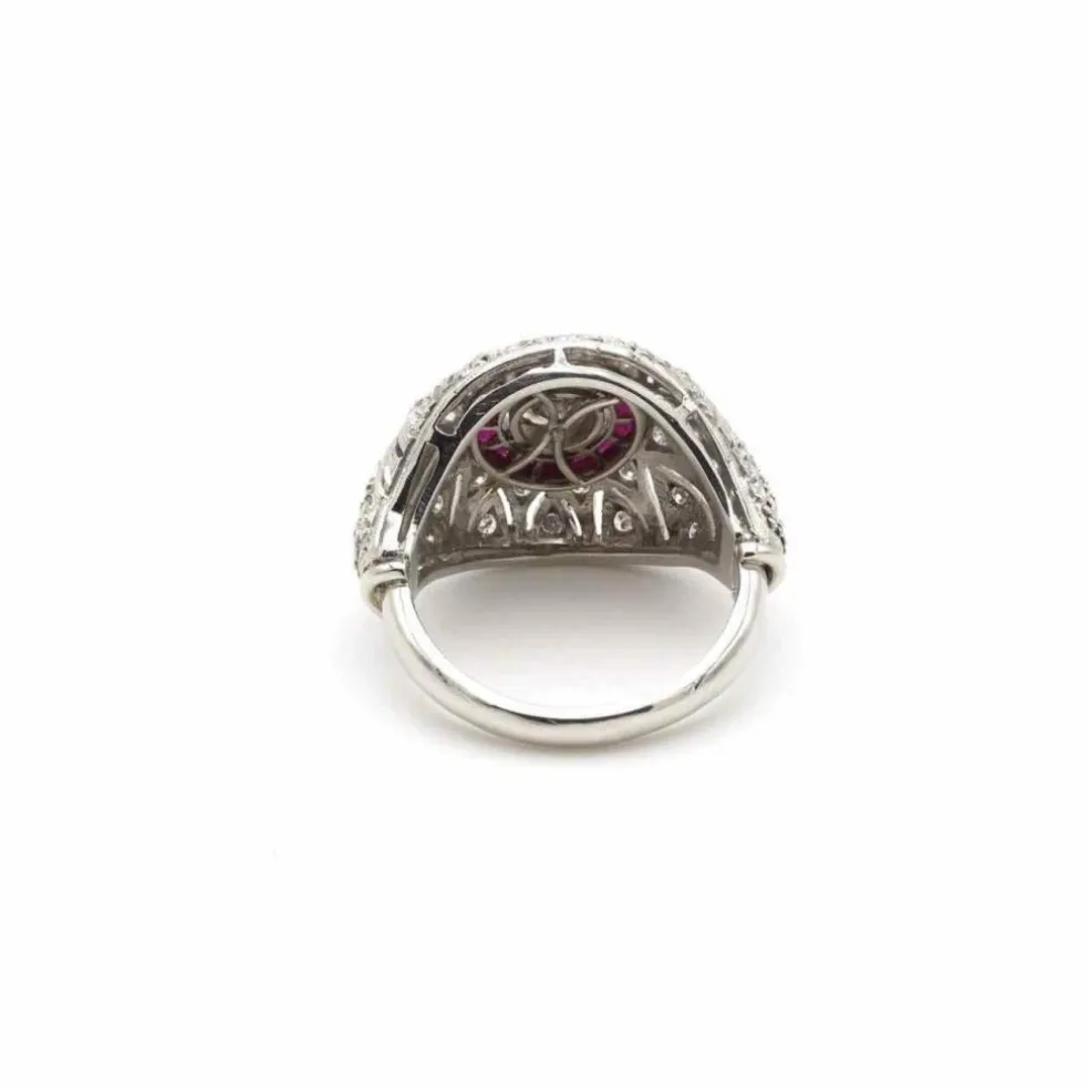 Bague Dôme Art Déco Diamants Rubis Platine