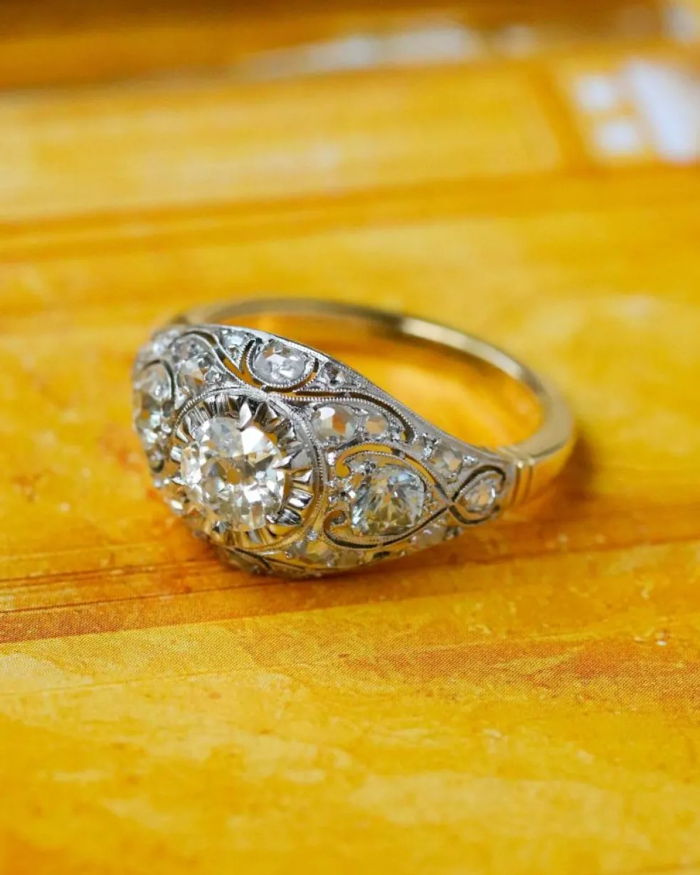 Bague Dôme Art Déco Or jaune Platine et Diamants