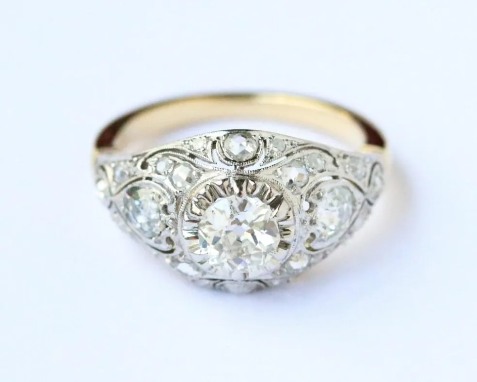Bague Dôme Art Déco Or jaune Platine et Diamants