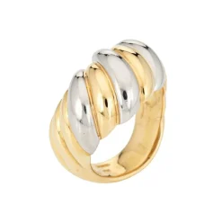 Bague Dôme Cannelé Vintage Platine Et Or Jaune Cocktail Bicolore