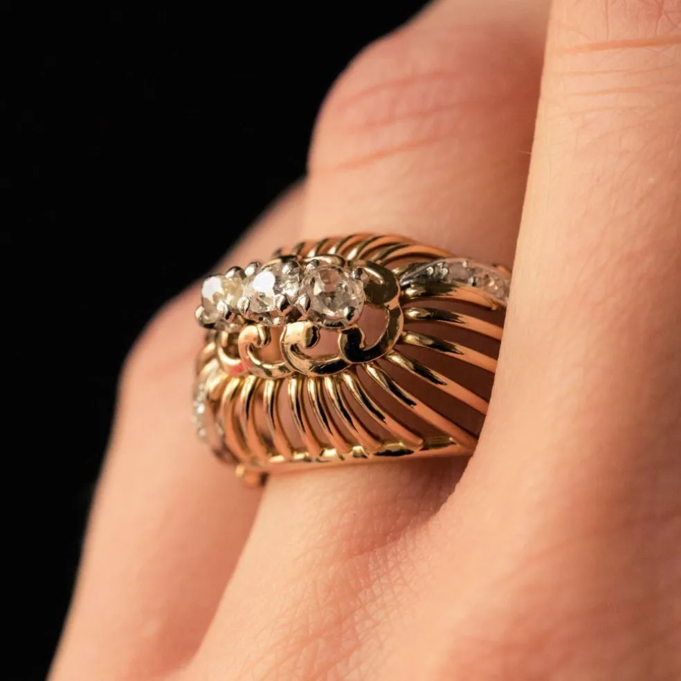 Bague dôme fils d'or et diamants