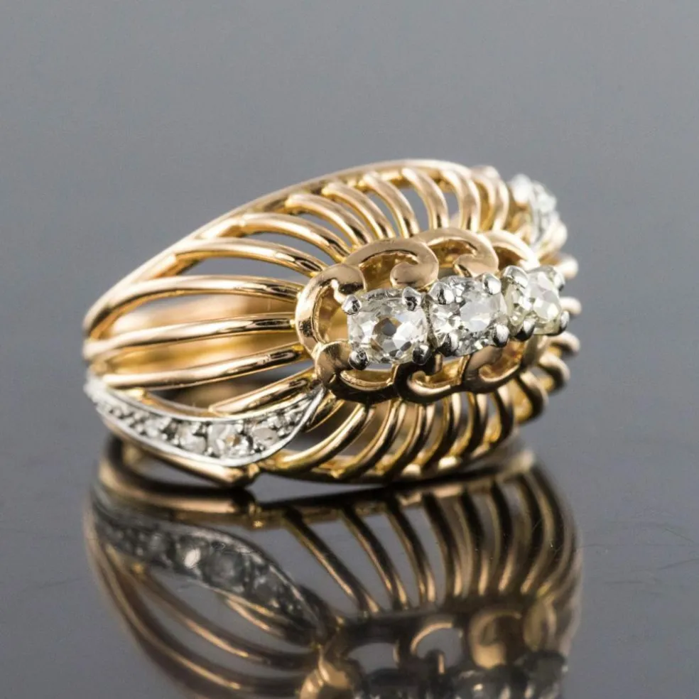 Bague dôme fils d'or et diamants