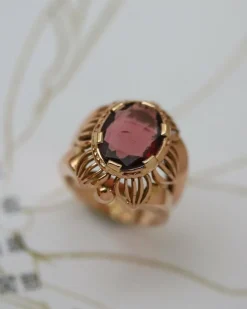 Bague Dôme Fleur Or Jaune et Grenat