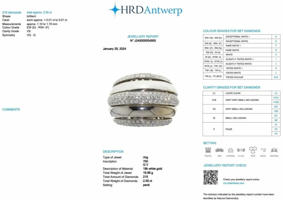 Bague dôme or blanc pavage diamants certificat HRD