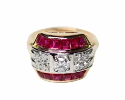 Bague Dôme Or Rose Diamants et Calibrés de Rubis Verneuil