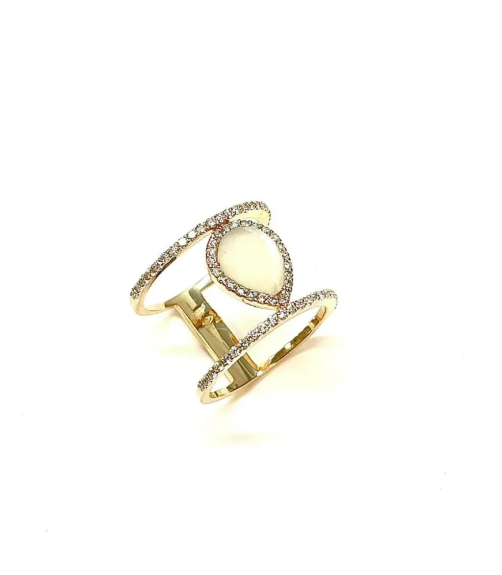 Bague double anneaux diamants pierre de lune or rose