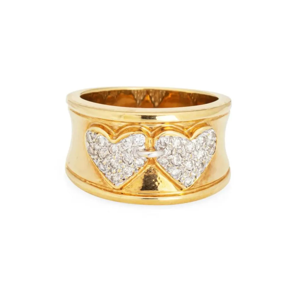 Bague Double Coeur Diamant Vintage Or Jaune