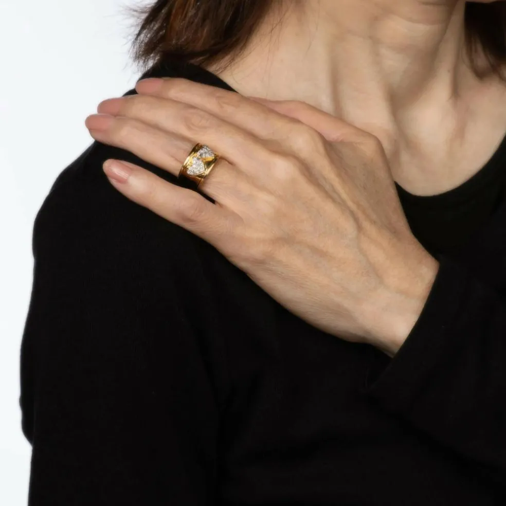 Bague Double Coeur Diamant Vintage Or Jaune