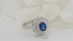 Bague double entourage en or blanc, saphir et diamants