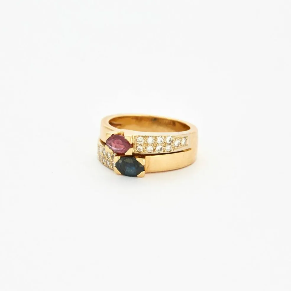 Bague double godrons saphir, rubis et diamants