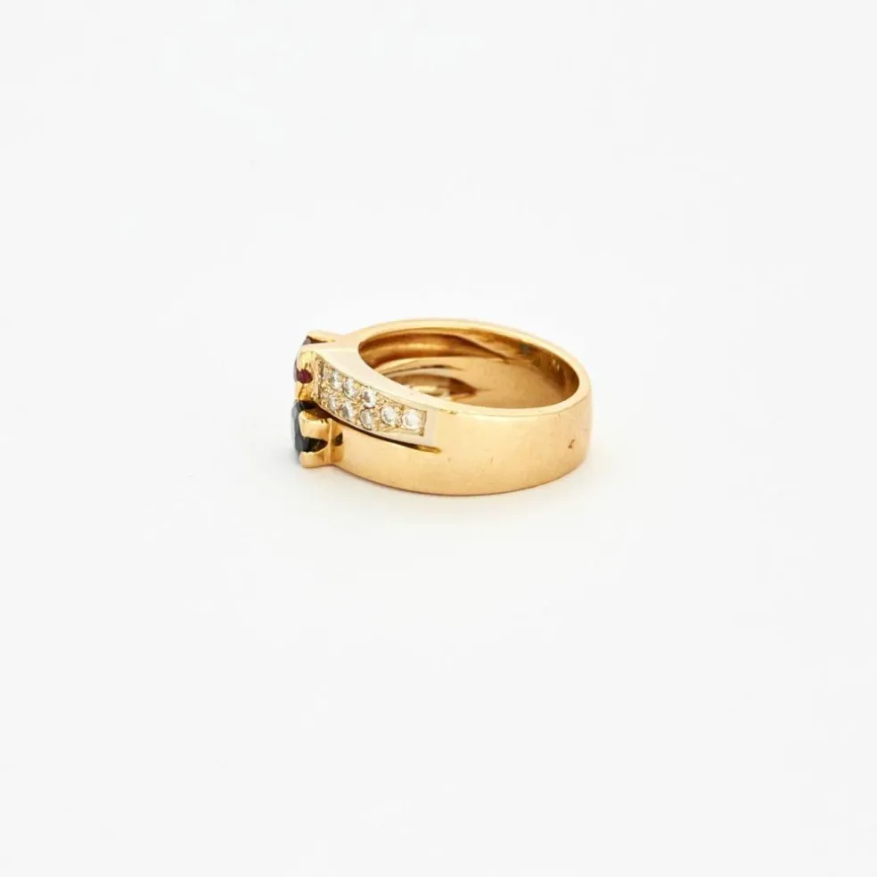 Bague double godrons saphir, rubis et diamants