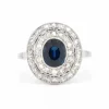 Bague Double Halo, Art Déco, Or 18 Carats, Saphir et Diamants
