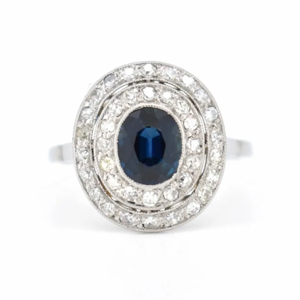 Bague Double Halo, Art Déco, Or 18 Carats, Saphir et Diamants