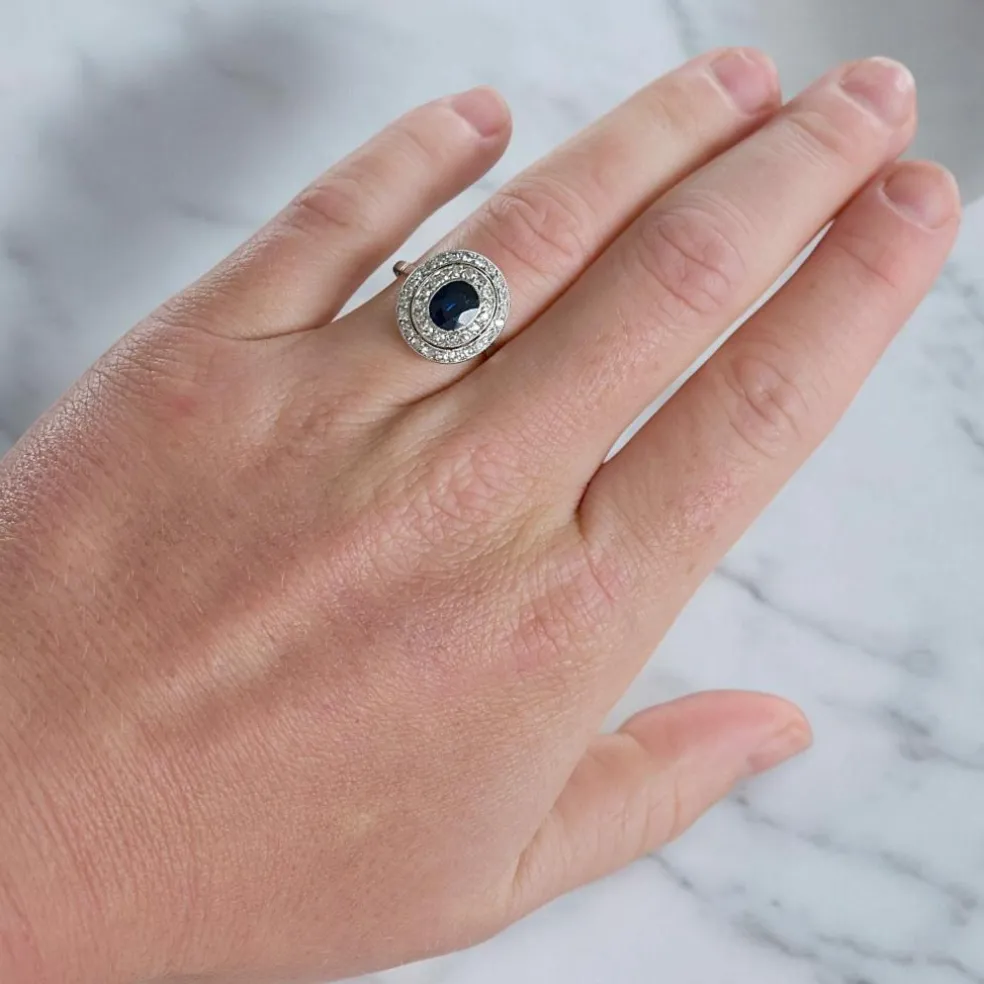 Bague Double Halo, Art Déco, Or 18 Carats, Saphir et Diamants