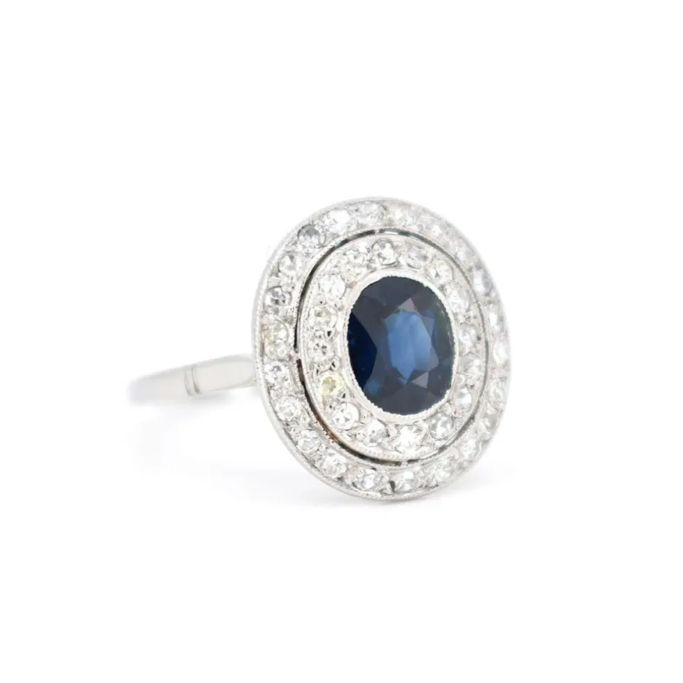 Bague Double Halo, Art Déco, Or 18 Carats, Saphir et Diamants