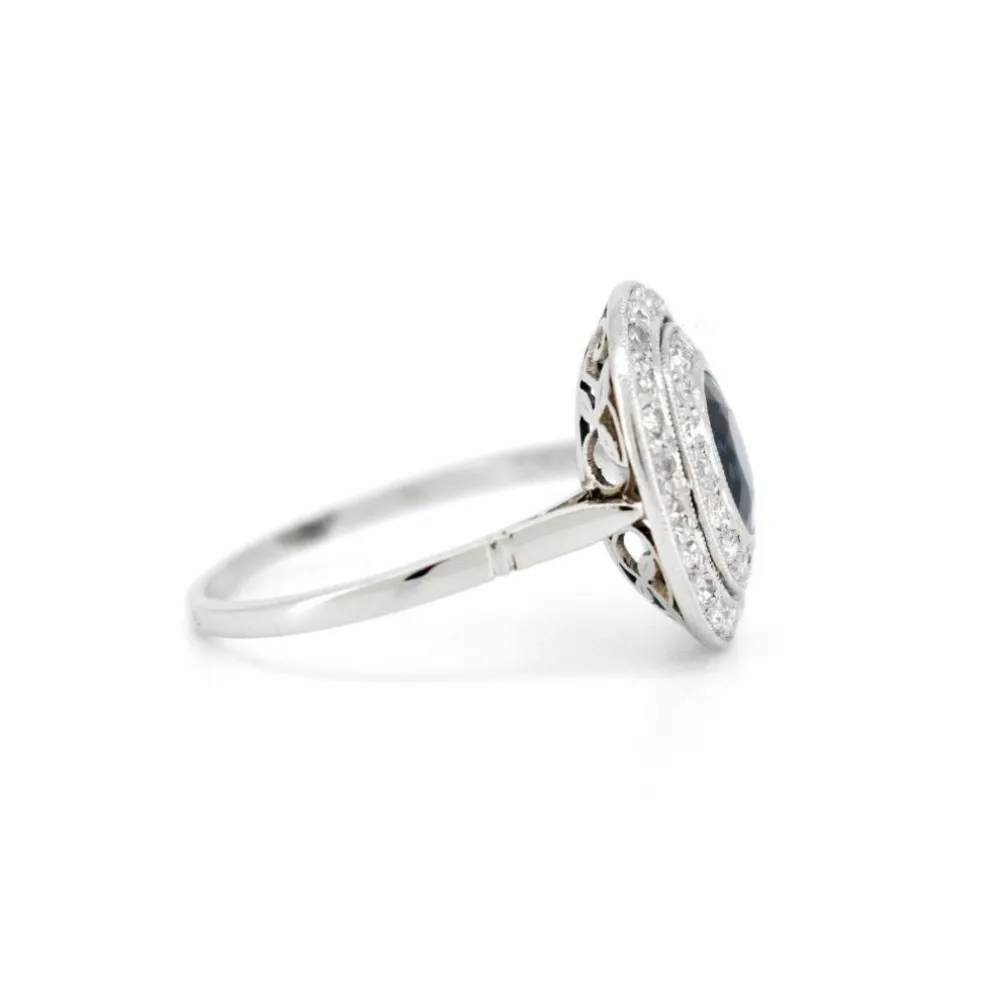Bague Double Halo, Art Déco, Or 18 Carats, Saphir et Diamants