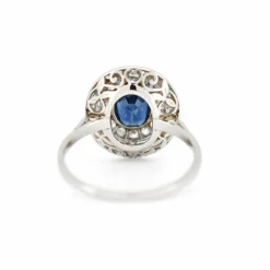 Bague Double Halo, Art Déco, Or 18 Carats, Saphir et Diamants