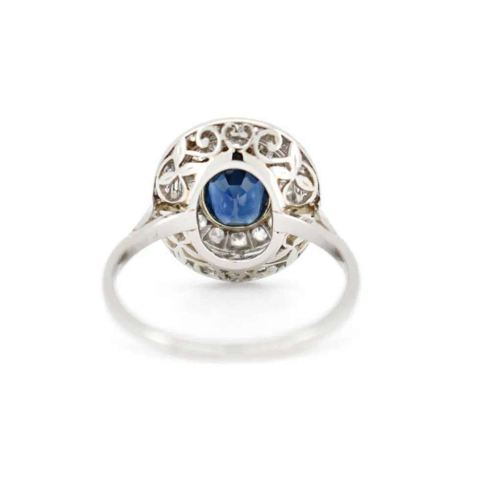 Bague Double Halo, Art Déco, Or 18 Carats, Saphir et Diamants