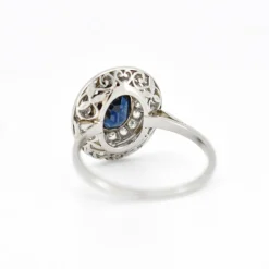 Bague Double Halo, Art Déco, Or 18 Carats, Saphir et Diamants