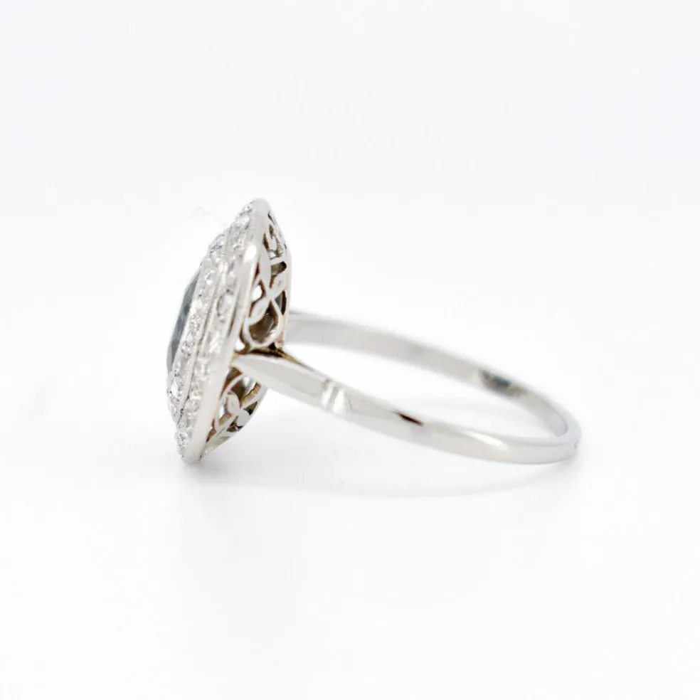 Bague Double Halo, Art Déco, Or 18 Carats, Saphir et Diamants