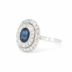 Bague Double Halo, Art Déco, Or 18 Carats, Saphir et Diamants