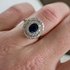 Bague Double Halo, Art Déco, Or 18 Carats, Saphir et Diamants