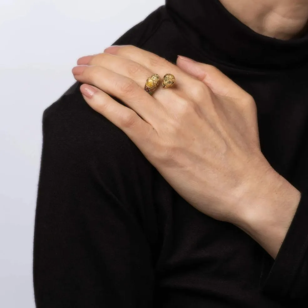Bague Double Lion en Or Jaune, Bande de Contournement des Yeux en Émail