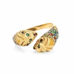 Bague Double Lion en Or Jaune, Bande de Contournement des Yeux en Émail