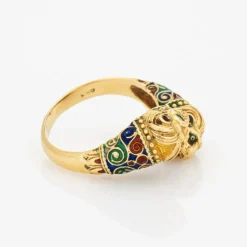 Bague Double Lion en Or Jaune, Bande de Contournement des Yeux en Émail