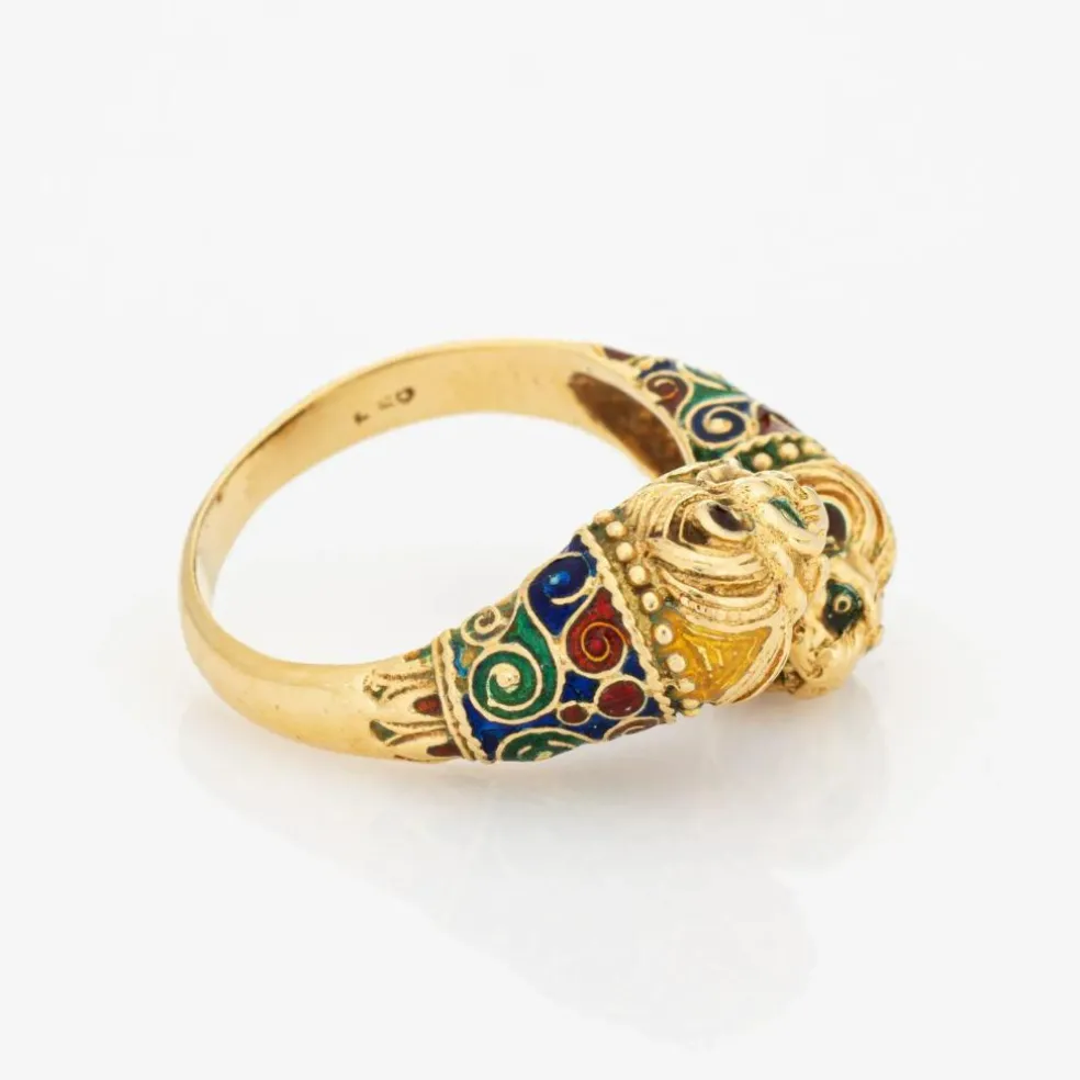 Bague Double Lion en Or Jaune, Bande de Contournement des Yeux en Émail
