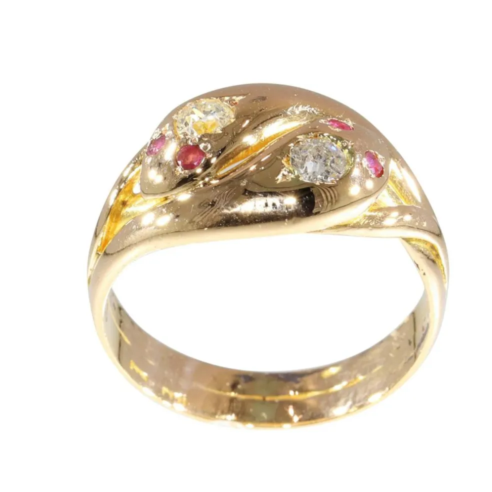 Bague double serpent de l'époque victorienne : symbole d'éternité avec diamants et rubis
