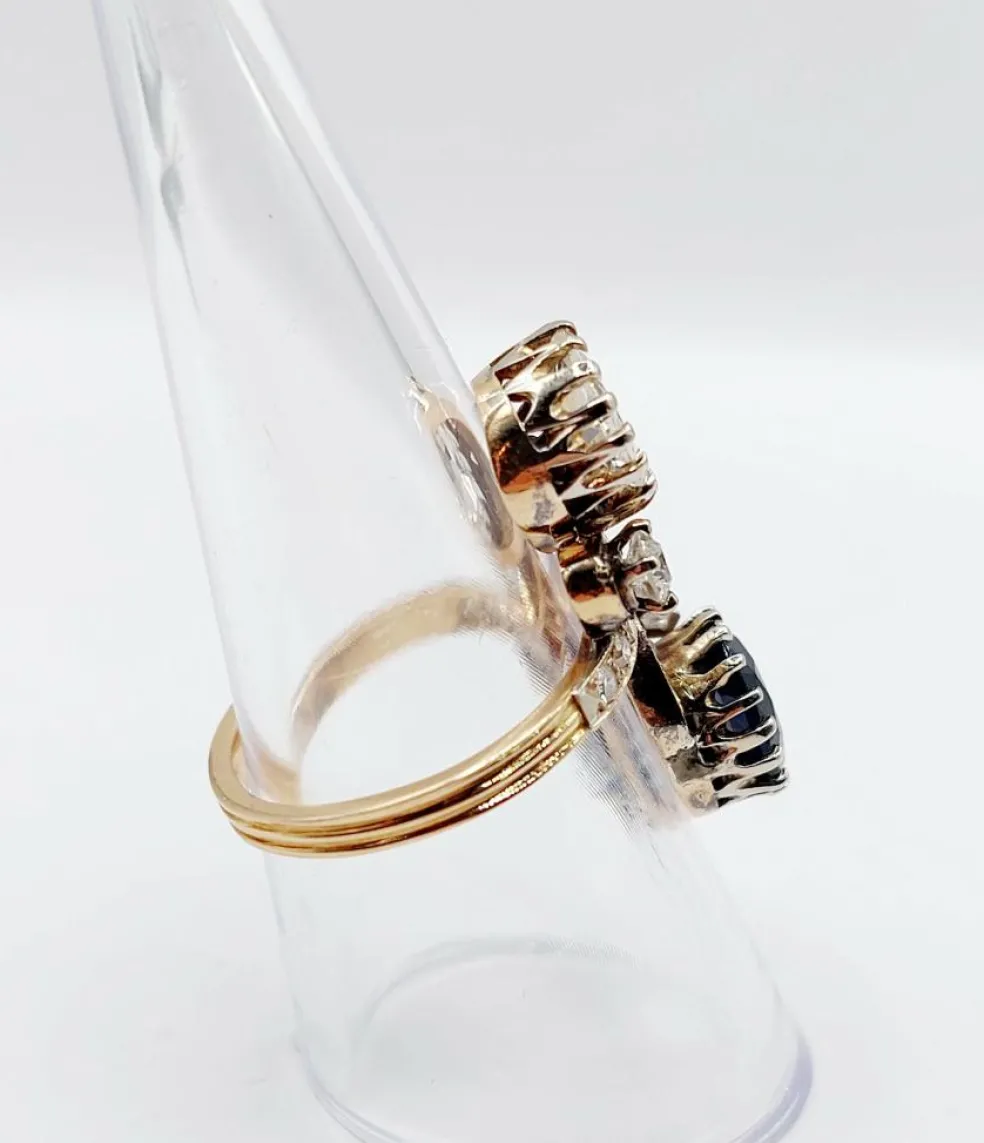 Bague duchesse or rose diamants taille ancienne, saphir épaulé (circa 1950)