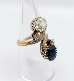 Bague duchesse or rose diamants taille ancienne, saphir épaulé (circa 1950)
