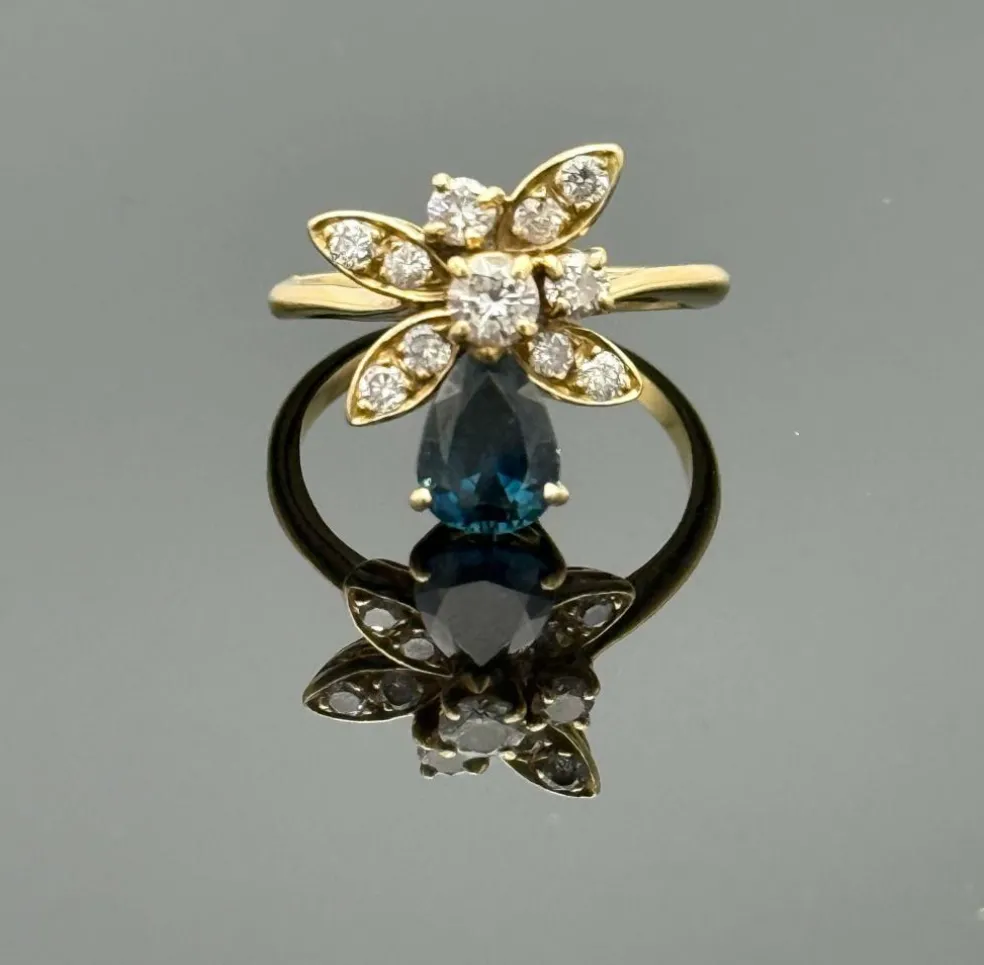 Bague duchesse vintage en or jaune 18K sertie de saphir et diamant