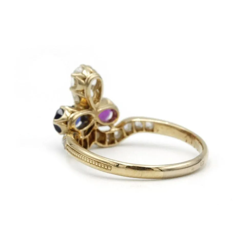 Bague duchesse XIXème - Or jaune, diamants, rubis et saphir.