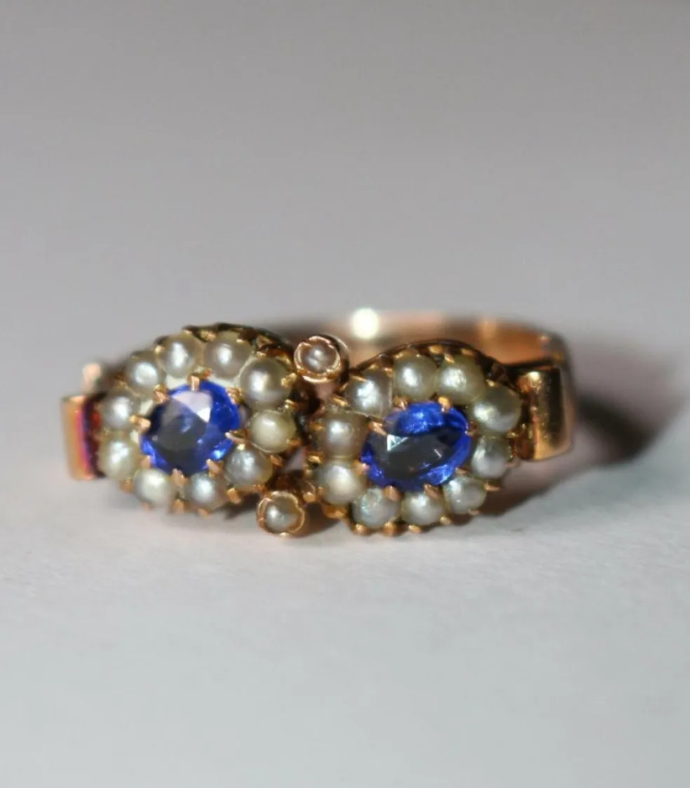 Bague Duo ancienne perles et pierres bleues