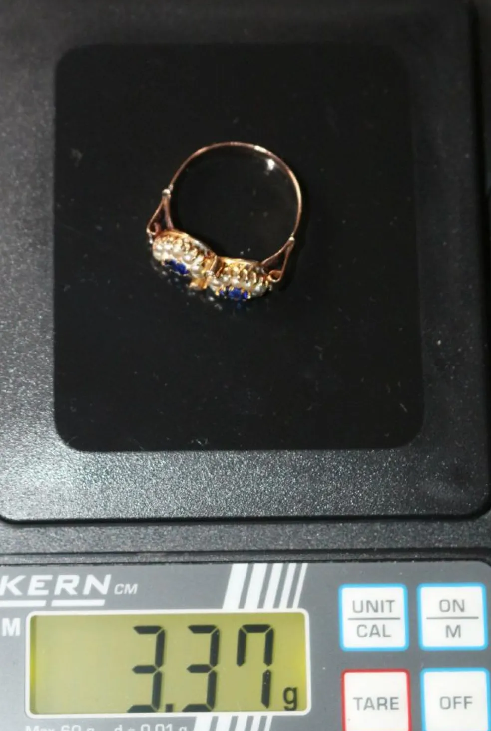 Bague Duo ancienne perles et pierres bleues