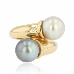 Bague duo perle blanche et perle grise diamants
